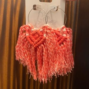Coral pink and White Fringe Hoop Earrings